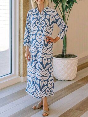 Navybleu Sara Midi Dress in Blue Ikat Print - 100% Cotton Poplin